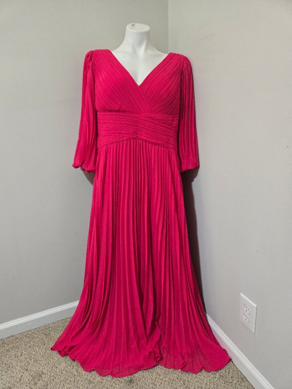 Sz 20 Teri Jon Rickie Freeman Hot Pink Pleated Chiffon 3/4 Sleeve Gown Dress